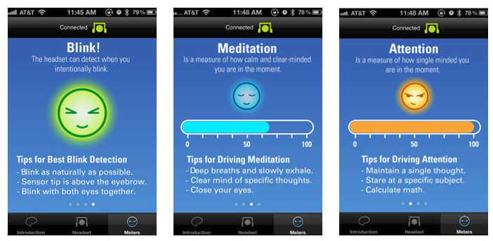 Showing the NeuroSky Mindwave Tutorial UI which tests blink, meditation and attention